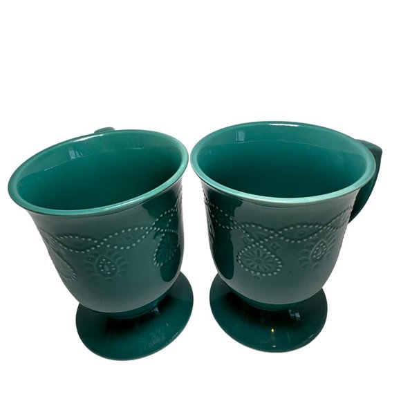 Pioneer Woman Pedestal Cowgirl Lace Mugs 14 oz Teal Frontier Set of 2 - Picture 6 of 6